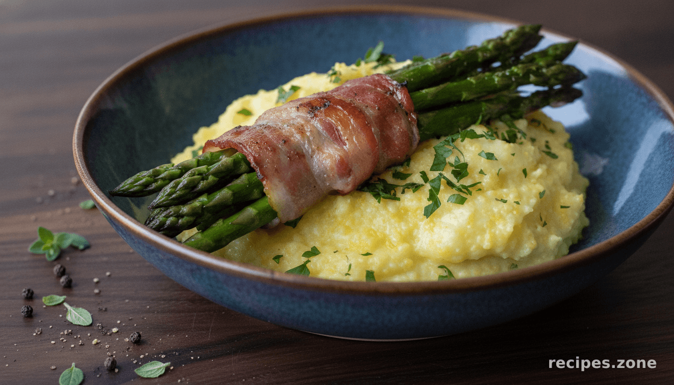 Cheddar Polenta With Bacon Wrapped Asparagus