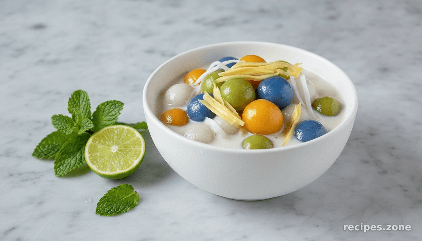 Num E (Sticky Rice Balls in Sugar Syrup and Coconut Cream)