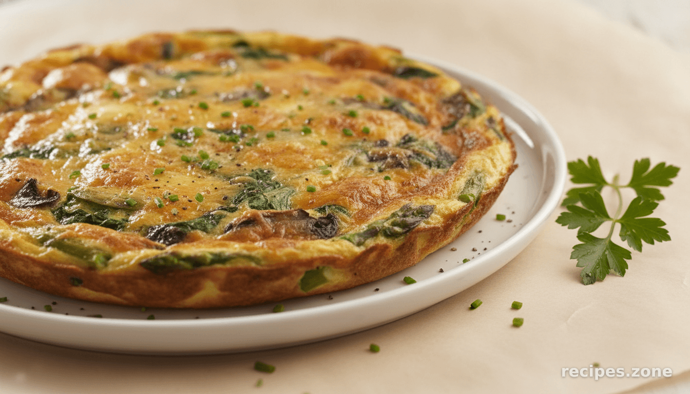 Cheesy Frittata with Spinach, Asparagus and Mushrooms