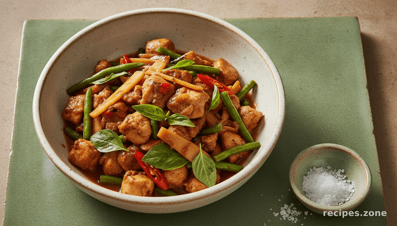 Stir-fried chicken with chillies & basil