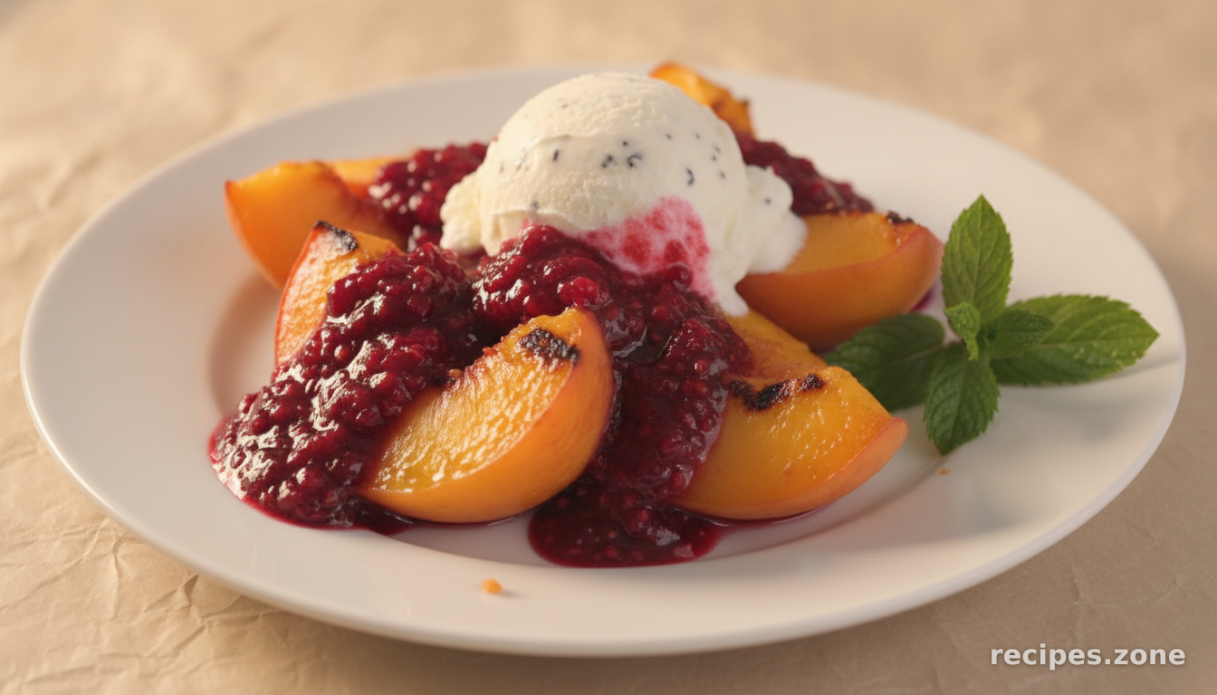 Grilled Peach Melba with Vanilla Bean Frozen Yogurt