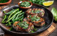 Grilled Veal Medallions with Mint Butter and Green Beans