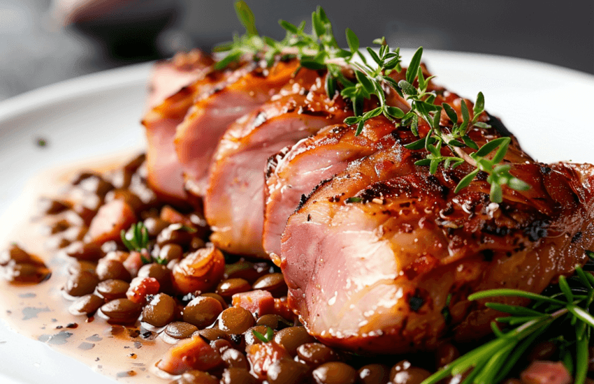 Pork Loin with Black Forest Ham and Lentils Recipe