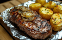 Grilled Pork Neck with Onion Sauce and Foil-wrapped Potatoes