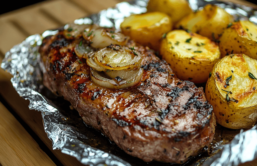 Grilled Pork Neck with Onion Sauce and Foil-wrapped Potatoes