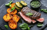 Grilled Rump Steak with Sweet Potatoes and Herb Sauce