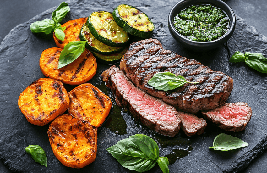 Grilled Rump Steak with Sweet Potatoes and Herb Sauce