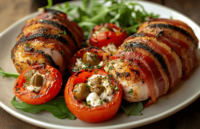 Grilled Turkey Fillets with Bacon and Stuffed Tomatoes