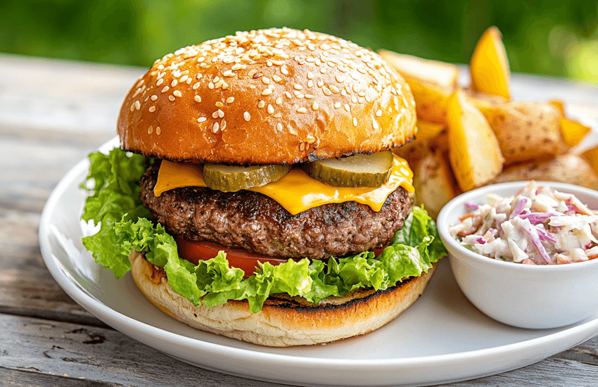 Homemade Hamburger with Rosemary Potatoes and Coleslaw