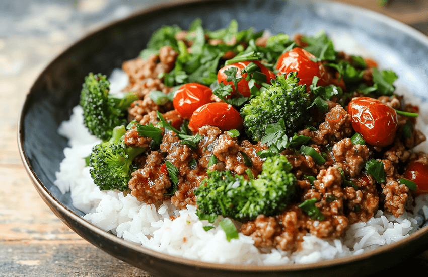 Pan-Cooked Ground Meat with Broccoli and Cherry Tomatoes