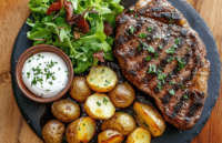 Rib Eye Steak with Foil-Roasted Potatoes and Sour Cream Dressing