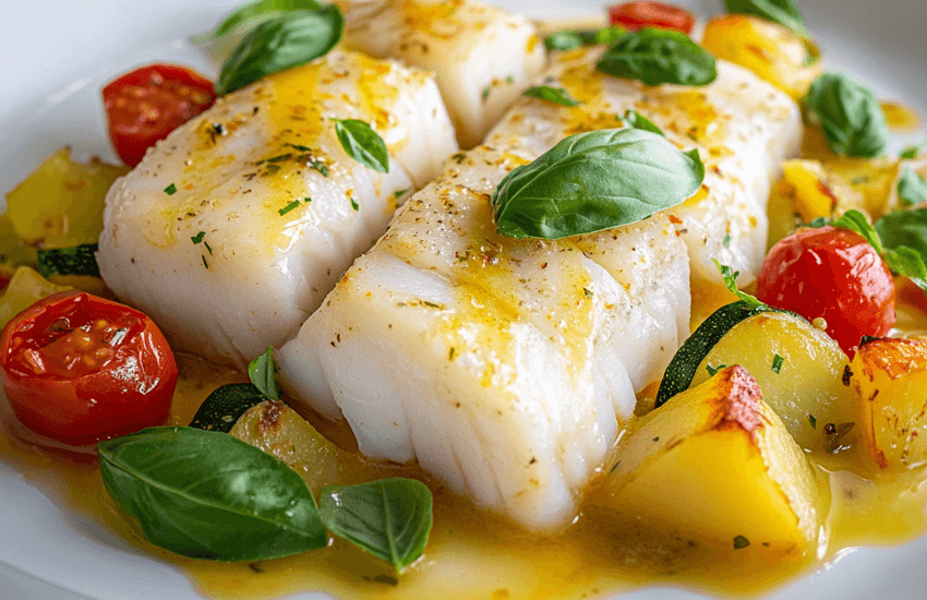 Steamed Cod with Saffron Sauce and Vegetables