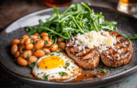 Veal Medallions with Eggs, Stewed Beans, Tomatoes, and Peppers