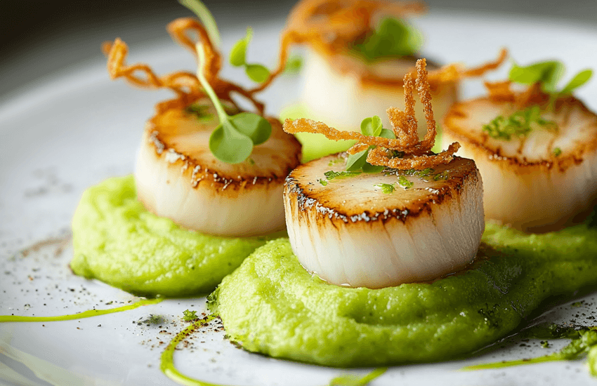 Coquilles Saint-Jacques with Pea Puree, Lime-Coriander Mayonnaise & Crispy Shallots Recipe