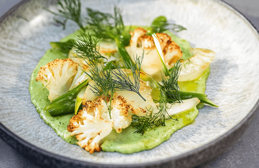 Pea Purée, Roasted Cauliflower & Pickled Beans Recipe