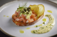Salmon Tartare, Roasted Fennel, Capers Hollandaise, and Lime Emulsion